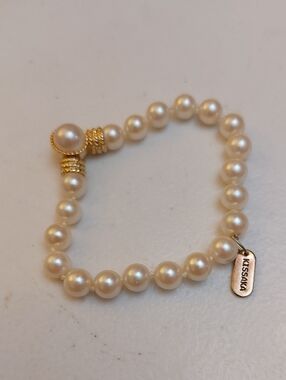 Vintage Kissaka Elegant Faux Pearl Bracelet Accented With Gold Tone And Crystals